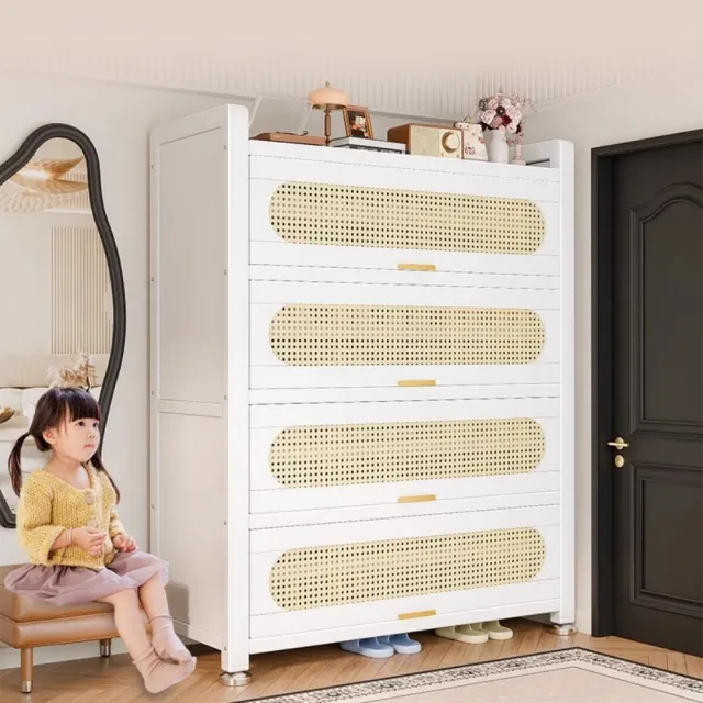 【銘利萊】鋼製鞋櫃 家用落地多層鞋櫃 入戶藤編收納櫃 一體靠牆鞋架子(典雅白 藤編圓弧門三門100*36*112)