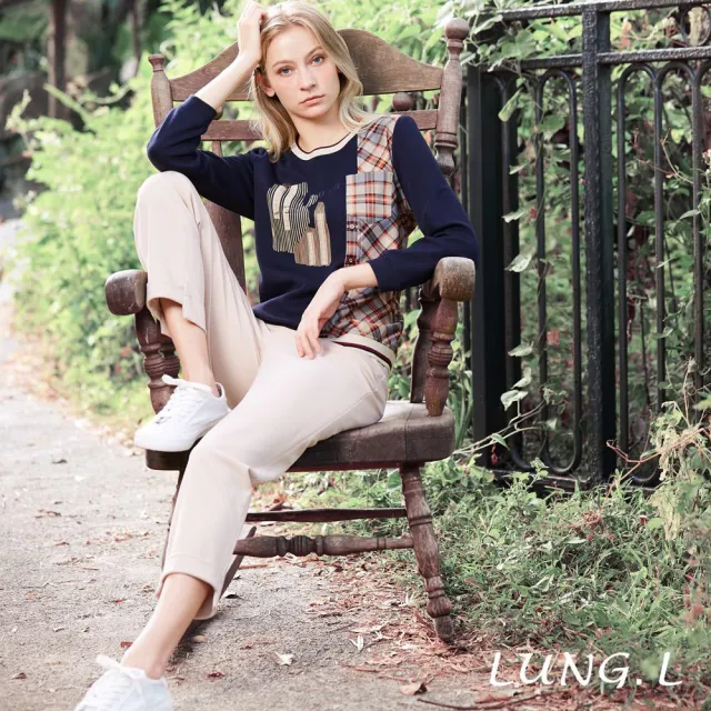 【LUNG.L 林佳樺】LT89A 藍色拼接格紋搭配印圖長袖女裝上衣(秋冬新品)