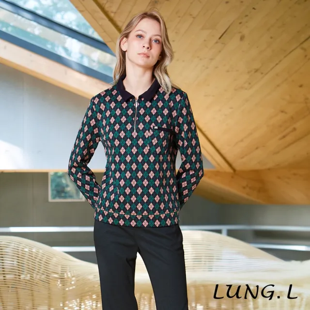 【LUNG.L 林佳樺】LU19A 綠色質感菱格紋長袖女裝上衣(秋冬新品 加大尺碼 保暖)