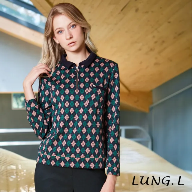 【LUNG.L 林佳樺】LU19A 綠色質感菱格紋長袖女裝上衣(秋冬新品 加大尺碼 保暖)