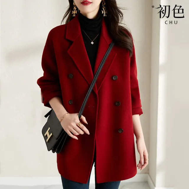 【初色】復古休閒通勤寬鬆雙排扣西裝領落肩長袖大衣外套女外套-共3色-17460(M-2XL可選)