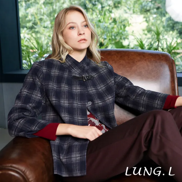 【LUNG.L 林佳樺】LT21A 酒紅筆觸印花拼接素面長袖女裝上衣(秋冬新品 加大尺碼)