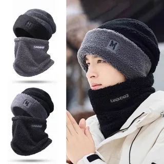 【ANTIAN】兩件組 冬季加厚防風保暖護頸圍脖毛絨帽 騎車防寒護脖頭套 針織帽子 圍巾(交換禮物)