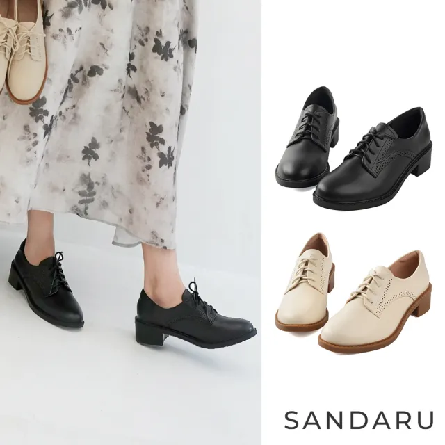 【SANDARU 山打努】牛津鞋 雕花綁帶防磨腳中跟牛津鞋 紳士鞋 刻花鞋 皮鞋 皮鞋 通勤鞋(黑)