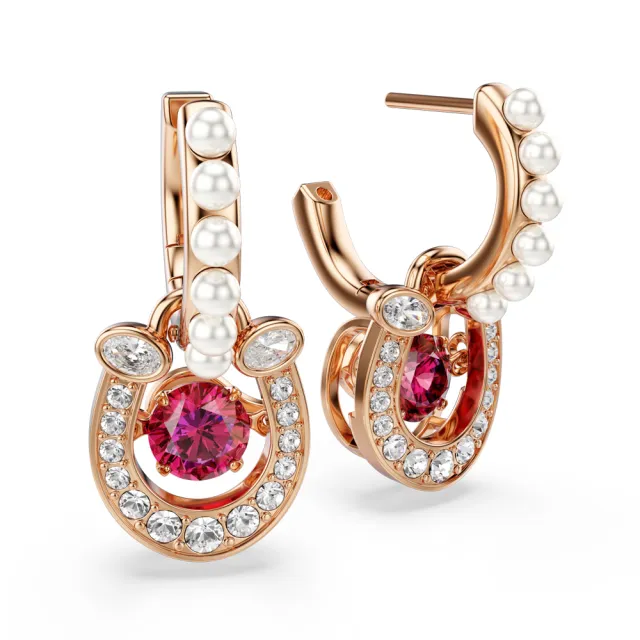 【SWAROVSKI 施華洛世奇】Symbolica 水滴形耳環 晶珍珠  圓形切割  密鑲  馬蹄鐵  紅色  鍍玫瑰金色調