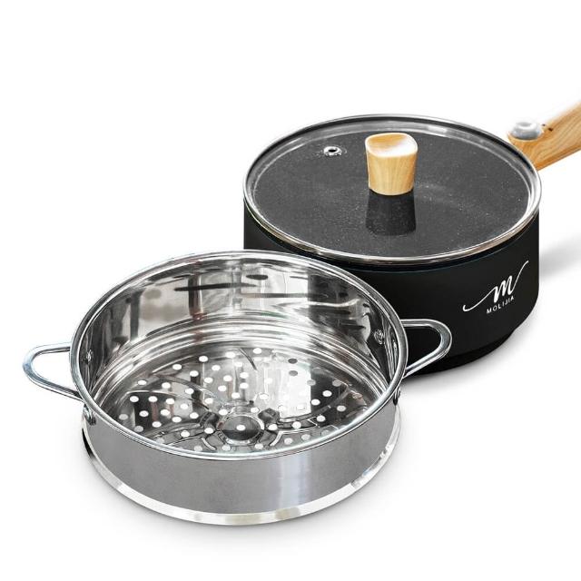 【MOLIJIA 魔力家】1.6L-M18 多功能美食料理不沾電火快煮烹飪鍋+M1812不鏽鋼蒸籠(BY011018/SY011018-12)