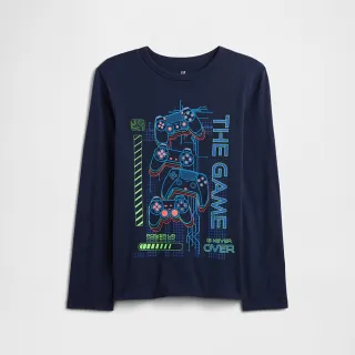 【GAP】男童裝 印花圓領長袖T恤-海軍藍(841756)