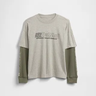 【GAP】男童裝 印花假兩件圓領長袖T恤-淺灰色(845813)