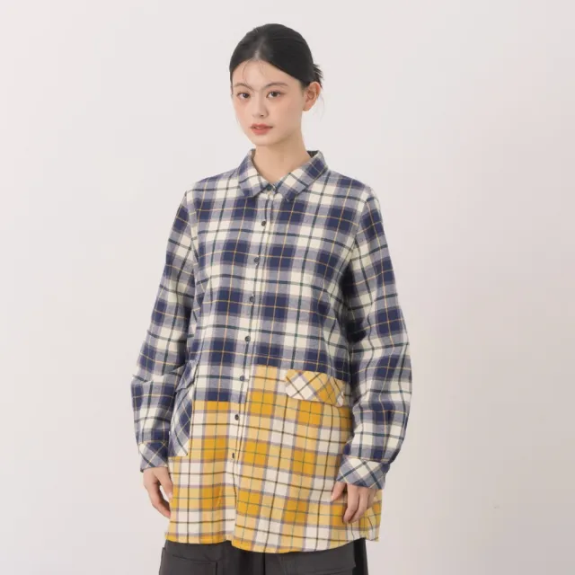 【MOSS CLUB】格子布上下拼接開襟襯衫(咖 黃)