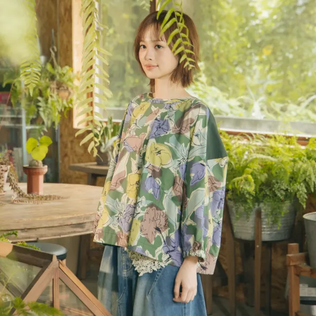 【MOSS CLUB】日本印花布連袖後中抓摺氣質上衣(綠 杏 灰)