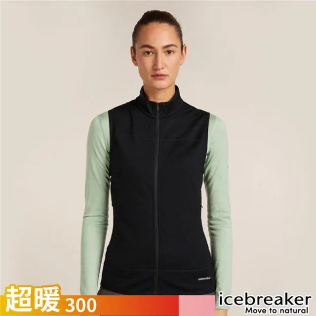【Icebreaker】女 Descender RealFleece 美麗諾羊毛刷毛保暖背心-300.中央拉鍊開襟背心(IB0A57D2-001 黑)
