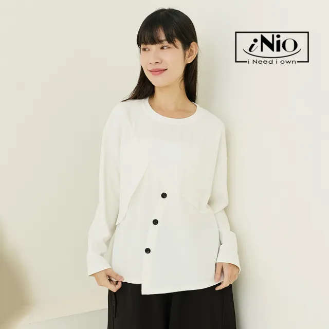【iNio 衣著美學】立體拼接顯瘦修身長袖上衣 斜式拼接剪裁 圓領長袖棉T(CEW1836)