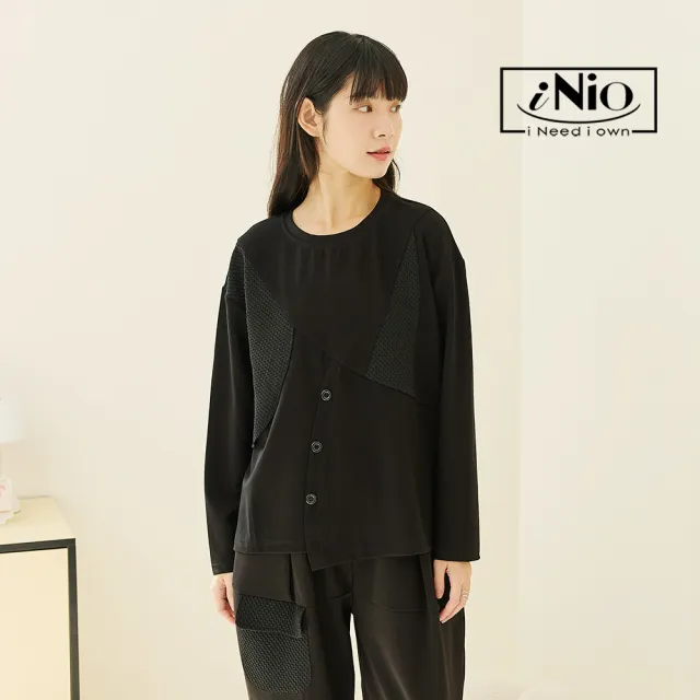 【iNio 衣著美學】立體拼接顯瘦修身長袖上衣 斜式拼接剪裁 圓領長袖棉T(CEW1836)