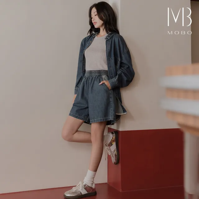 【MO-BO】拼色寬鬆牛仔短褲