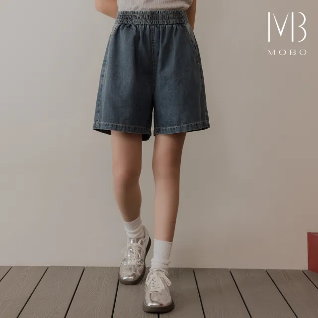 【MO-BO】拼色寬鬆牛仔短褲