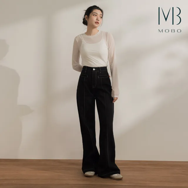 【MO-BO】修長剪接闊腿丹寧褲