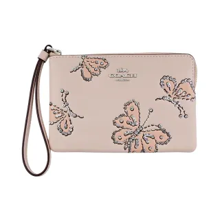 【COACH】加工蝴蝶素面皮革掛帶L型拉鍊萬用手拿包(仿刺繡皮雕/粉色)