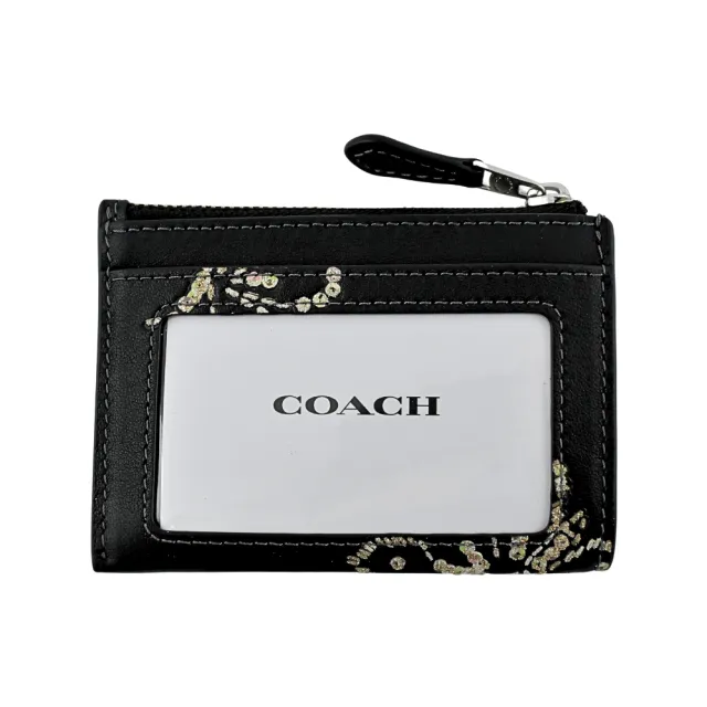 【COACH】仿刺繡效果亮粉燙印皮革前卡夾鑰匙零錢包(蝴蝶皮雕/黑色素面)