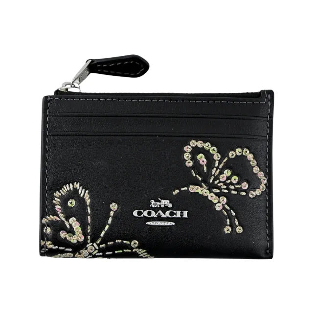 【COACH】仿刺繡效果亮粉燙印皮革前卡夾鑰匙零錢包(蝴蝶皮雕/黑色素面)