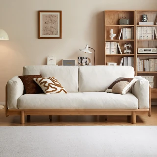 【hoi! 好好生活】WH黎韵橡木實木仿棉麻三人沙發1.99M 原木色+梨白 W100K01