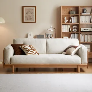 【hoi! 好好生活】WH黎韵橡木實木仿棉麻三人沙發1.99M 原木色+梨白 W100K01