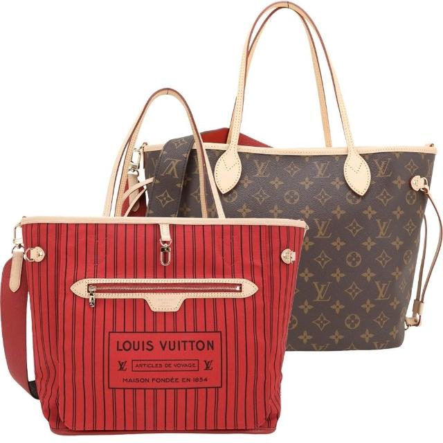 LV LOUIS VUITTON路易威登 M12257 Neverfull Inside Out MM 條紋老花帆布牛皮雙面托特包