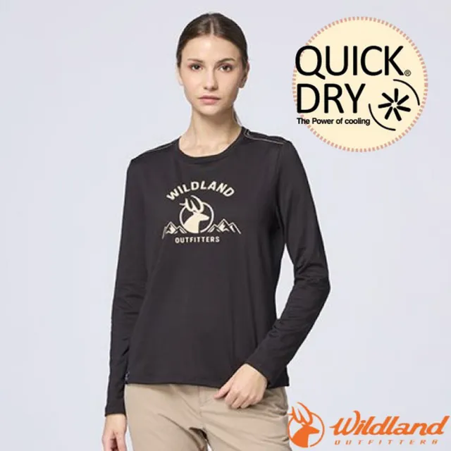 【Wildland 荒野】女 彈性圓領暖感印花機能衣.長袖圓領吸濕排汗衫.T恤(0B32601-54 黑)