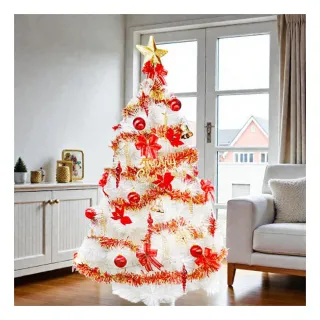 【摩達客】台灣製7尺 特級白色松針葉聖誕樹(含紅金色系飾品組/含100燈LED燈彩光2串/附跳機控制器/本島免運)