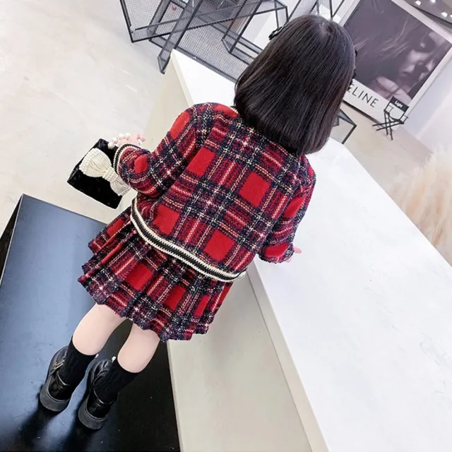 【橘魔法】學院風黑紅格紋毛呢長袖外套+短裙 套裝(厚外套 女童 童裝 兒童 聖誕節 過年 喜宴 新年 大紅)