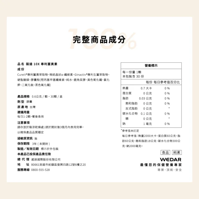 【Wedar 薇達】10X專利薑黃素 1盒(30顆/盒.加班應酬必備.薑黃+生薑.促進新陳代謝)