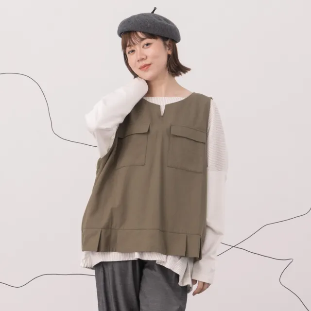 【MOSS CLUB】袋蓋口袋背後挖空活褶背心(藍 綠)