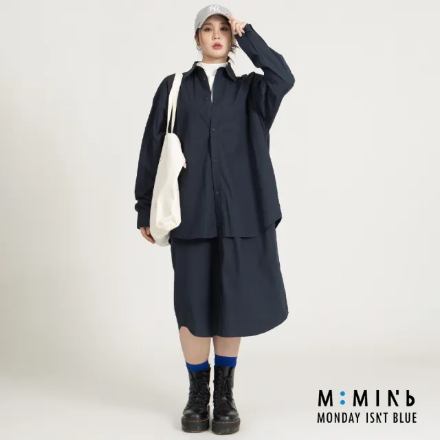 【M:MINb】雙層設計純棉條紋襯衫洋裝(深藍/中大尺碼女裝/大尺碼女裝/XL女裝/大尺碼洋裝)
