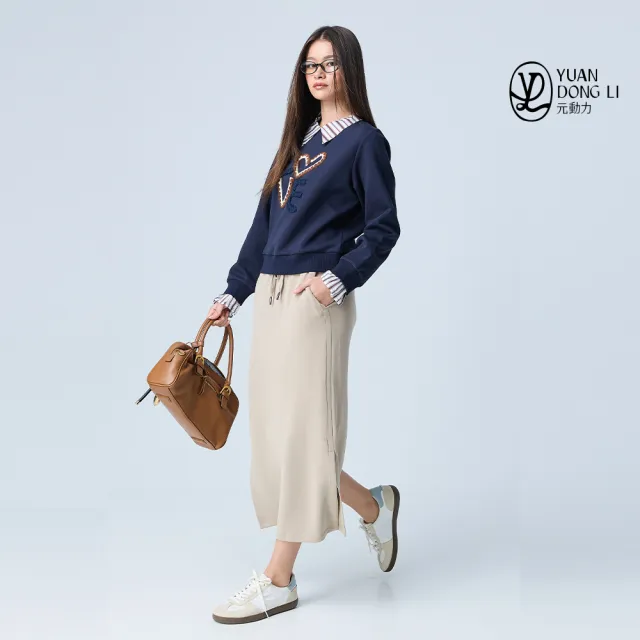 【YUANDONGLI 元動力】假兩件異材拼接棉質大學T(深藍;S-L;4254345408)