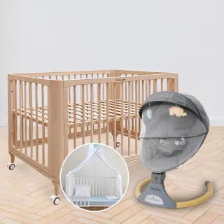 【i-Smart】原生初紋櫸木嬰兒床+電動安撫搖籃+五段蚊帳(好夢3件組｜成長床｜斜躺搖籃｜電動搖椅)