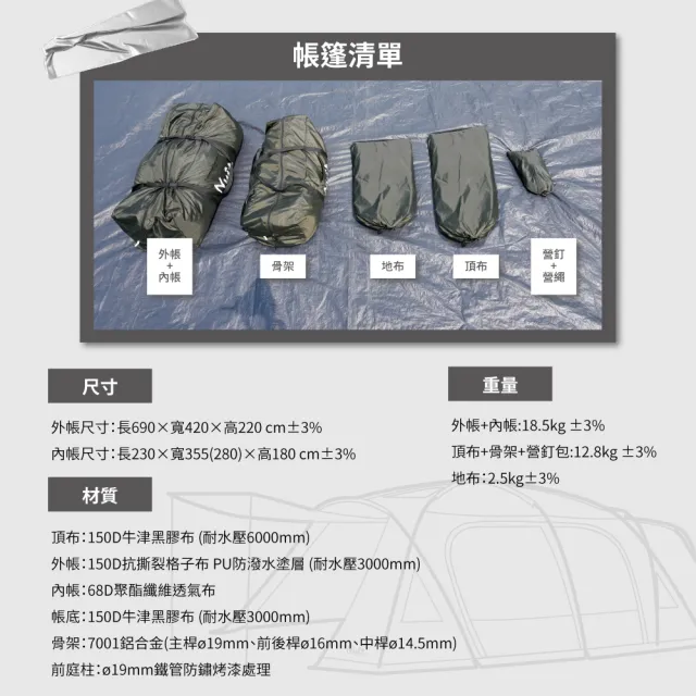 【NUIT 努特】改版上市 職人系列 甲龍 黑膠鋁合金 隧道帳篷 8人帳一房一廳努特帳(NTG50)