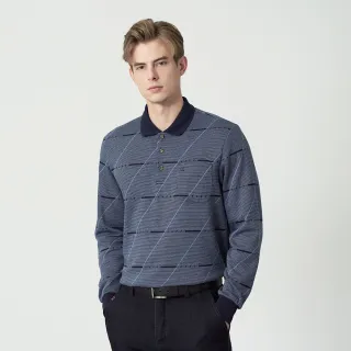 【pierre cardin 皮爾卡登】休閒服飾 男款 簡約條紋厚長袖POLO衫-藍色(5255272-39)