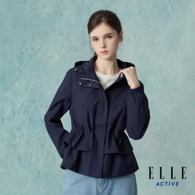 【ELLE ACTIVE】女款 防風防潑水荷葉層次連帽外套-深藍色(EA25A1W6105-39)