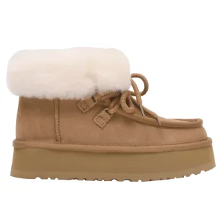 【Ann’S】防潑水鍍膜-真皮真羊毛低筒翻毛綁帶增高厚底雪靴4.5cm版型偏小(棕)