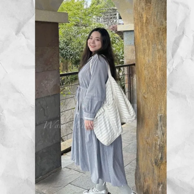 【Want-Meow】95公斤可穿/日系簡約顯瘦條紋長襯衫洋裝(大碼/大尺碼/加大碼/孕婦裝/長袖洋裝)