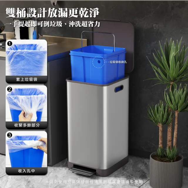 【ONE HOUSE】30L 格拉斯高質感靜音緩降不鏽鋼垃圾桶(踩踏垃圾桶/緩降垃圾桶)
