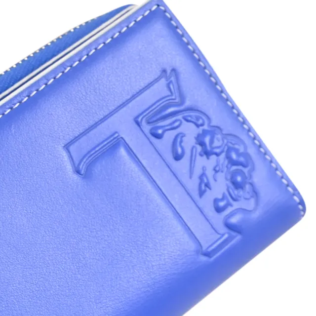 【TOD’S】TODS 品牌T字LOGO烙印小牛皮雙面扣式零錢短夾(藍/白邊)
