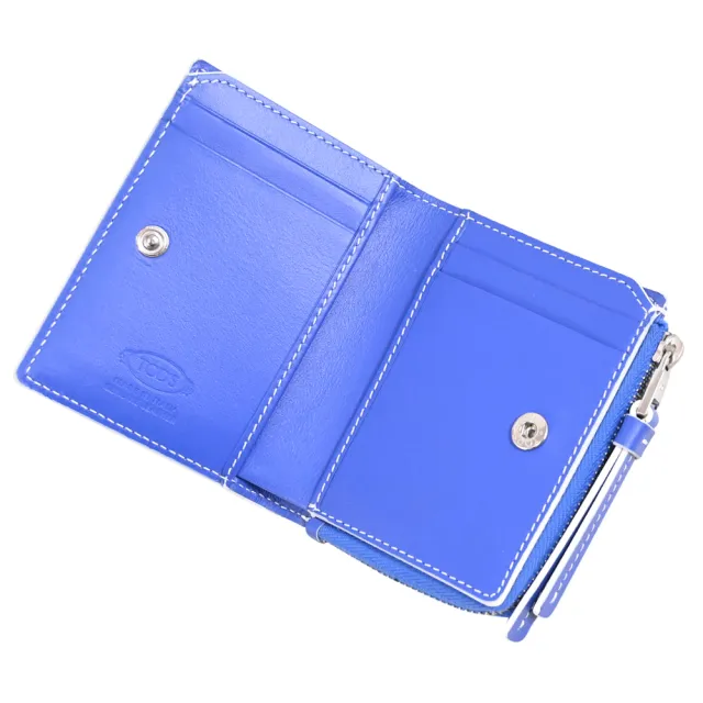【TOD’S】TODS 品牌T字LOGO烙印小牛皮雙面扣式零錢短夾(藍/白邊)