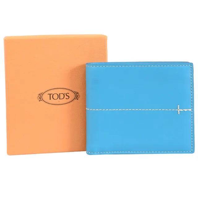 【TOD’S】TODS 簡約縫線小牛皮對折雙層八卡短夾(亮藍)