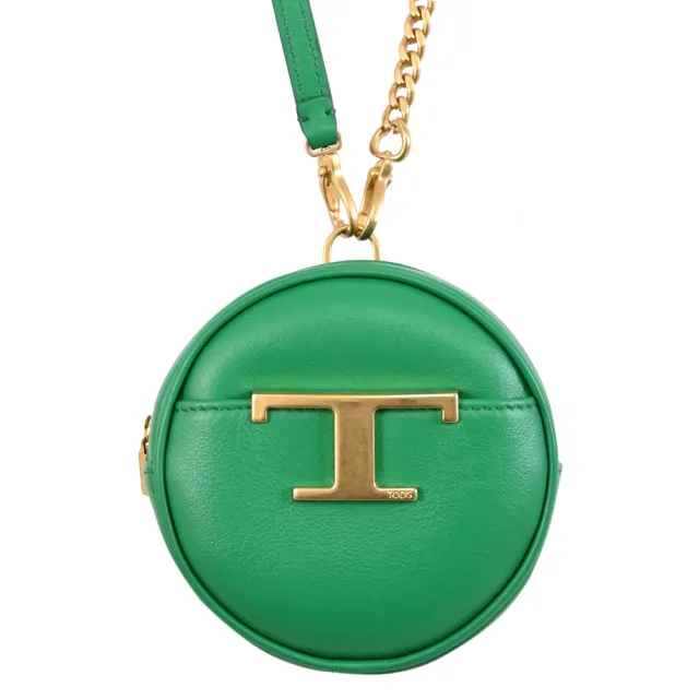 【TOD’S】TODS T Timeless 金屬LOGO小牛皮圓餅頸掛包零錢包(綠)
