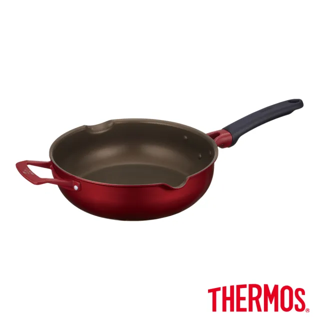 【THERMOS 膳魔師】厚鑄耐摩不沾鍋單柄附耳深煎鍋26cm(KFJ-026W-R)