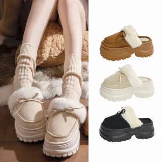 【SOFE MORE】厚底毛毛拖鞋 包頭毛茸半拖鞋 女生增高雪地拖 鋸齒底防滑居家包鞋(毛毛包鞋厚底鞋)