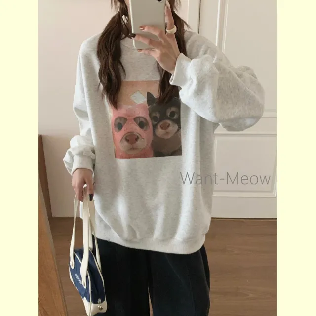 【Want-Meow】90公斤可穿/你在看本喵嗎?寬鬆長袖鋪棉大學T(大碼/大尺碼/加大碼/長袖鋪棉大學T)