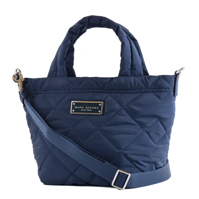 【MARC JACOBS】鐵牌LOGO菱格縫線拉鍊手提/斜背二用包-藍色/小