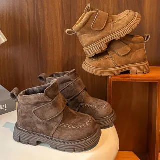 【橘魔法】兒童軟麂皮加絨滾邊短靴(童鞋 靴子 鞋子 中性款 男童 女童 刷毛 保暖)