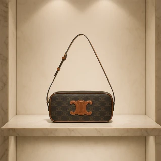 【CELINE】TRIOMPHE老花帆布迷你肩背相機包(棕色)